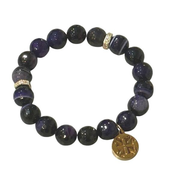 Rustic Cuff PURPLE ONYX BEADS w/ Gold accents & logo Stretch Stacking Bracelet - Picture 3 of 12